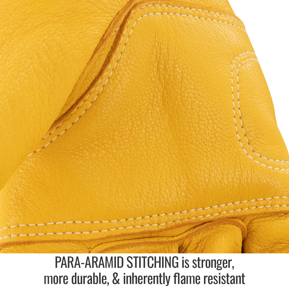 Para-aramid Stitching is stronger, more durable, & inherently flame resistant — Black Stallion 18DP style gloves