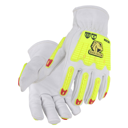 Black Stallion 9GCRI Top Grain Goatskin Elastic Wrist DRIVER'S Style Gloves ANSI Cut A5, TPR Back
