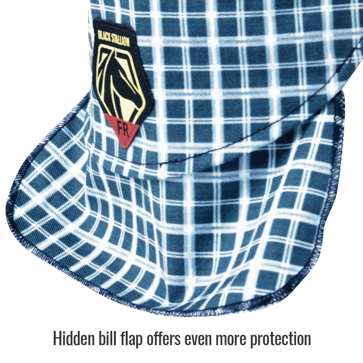 Black Stallion AH1730-BL FR Cotton Welding Cap With Hidden Bill Extension, Blue Plaid, detail view 2