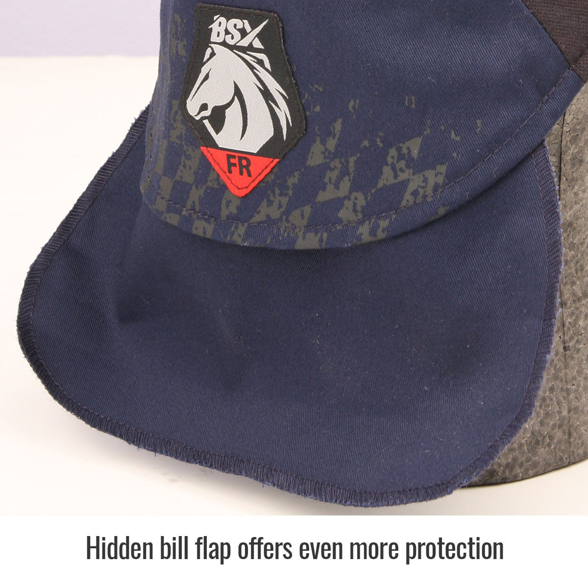 Hidden bill flap offers even more protection — Black Stallion AH1631-NB welding cap