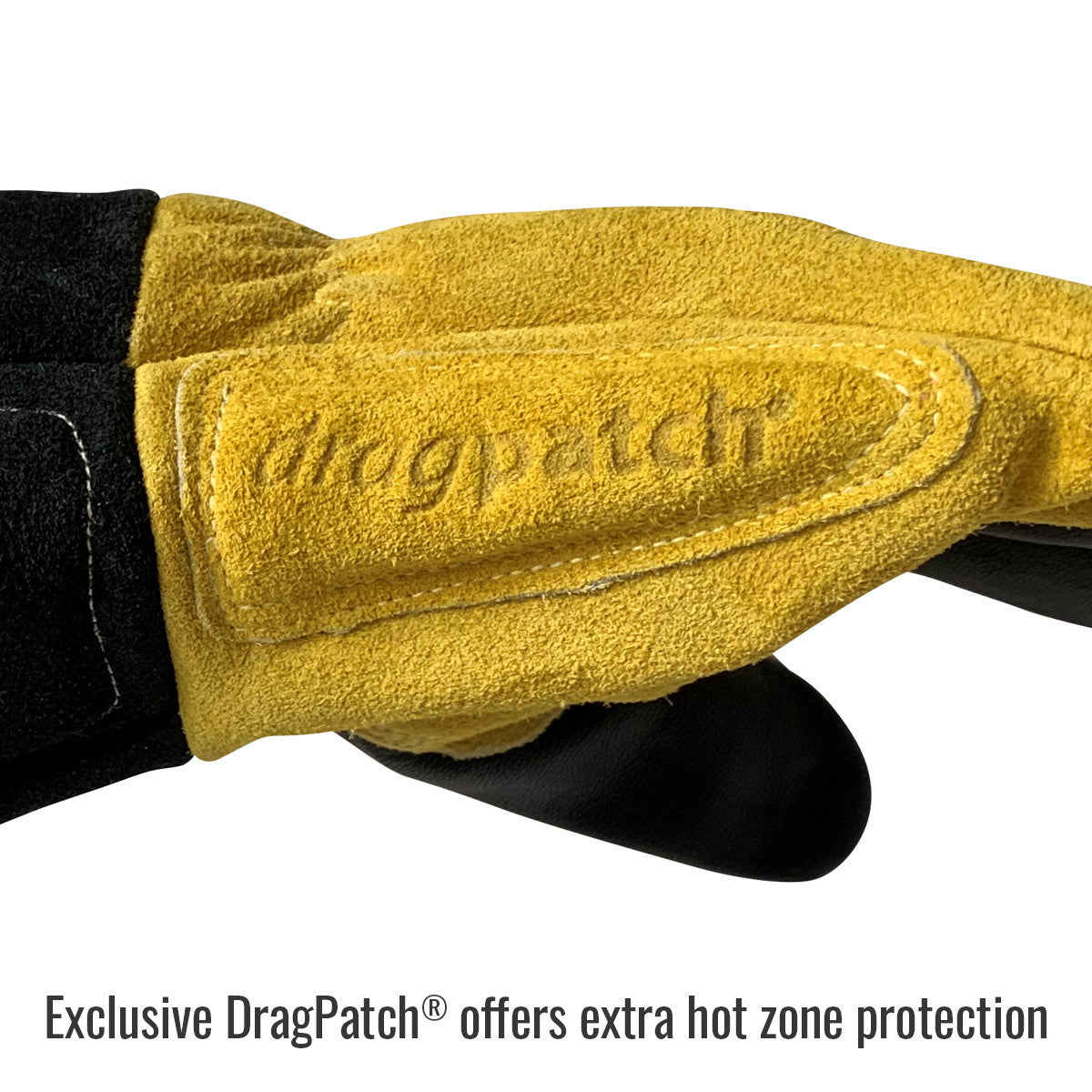 Exclusive DragPatch@® offers extra hot zone protection — Black Stallion BT88 welding gloves
