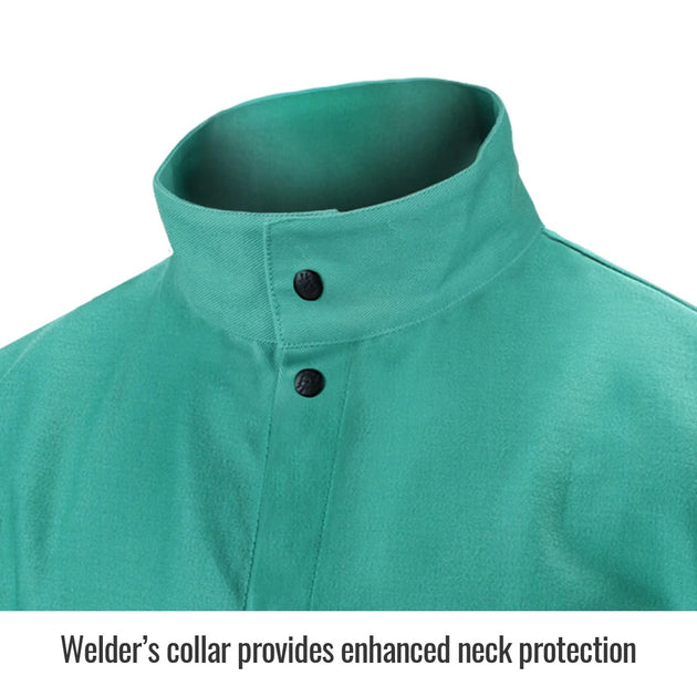 Collar provides enhanced neck protection — Black Stallion F9-30C welding jacket