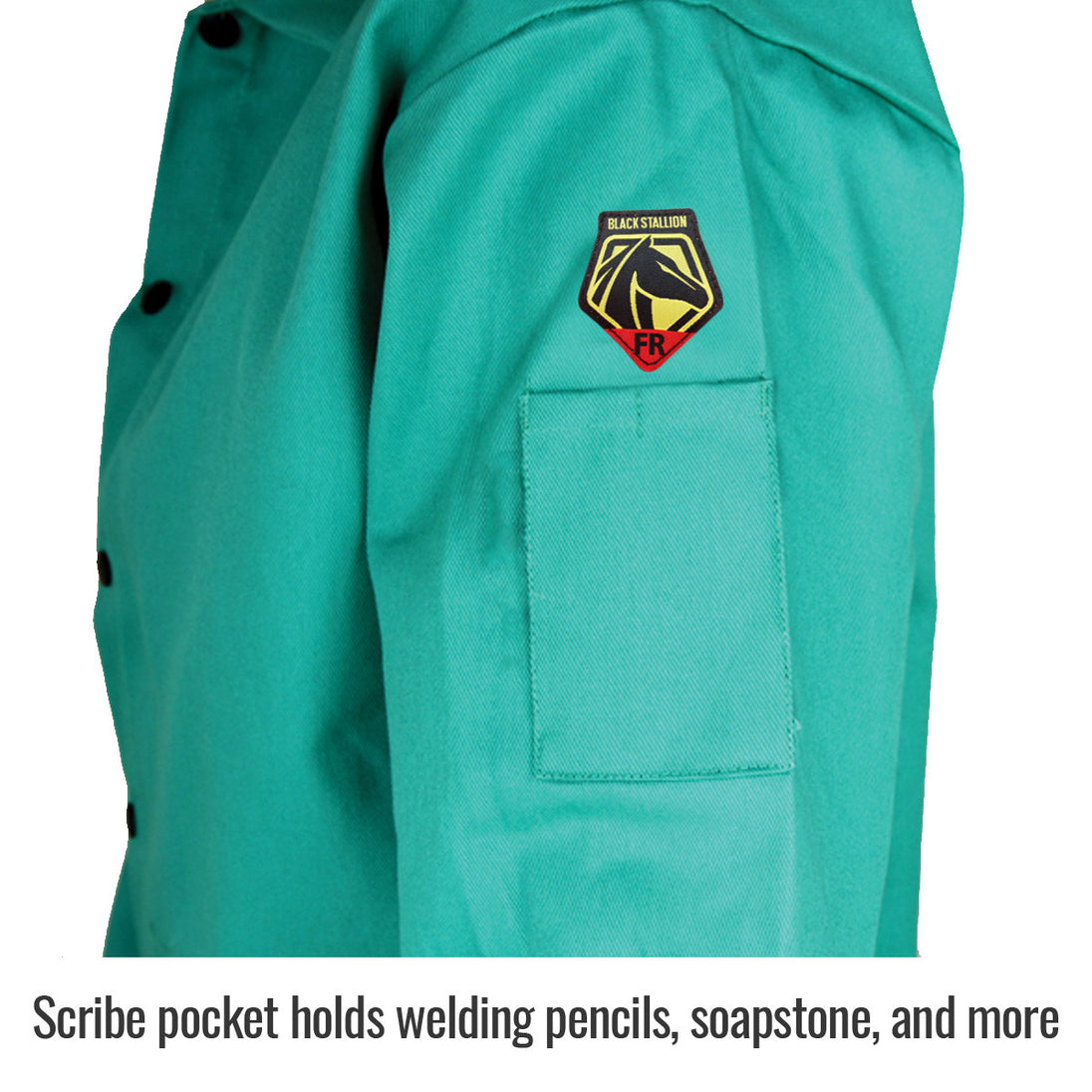 Scribe pocket holds welding pencils, soapstone, and more — Black Stallion F9-30C welding jacket