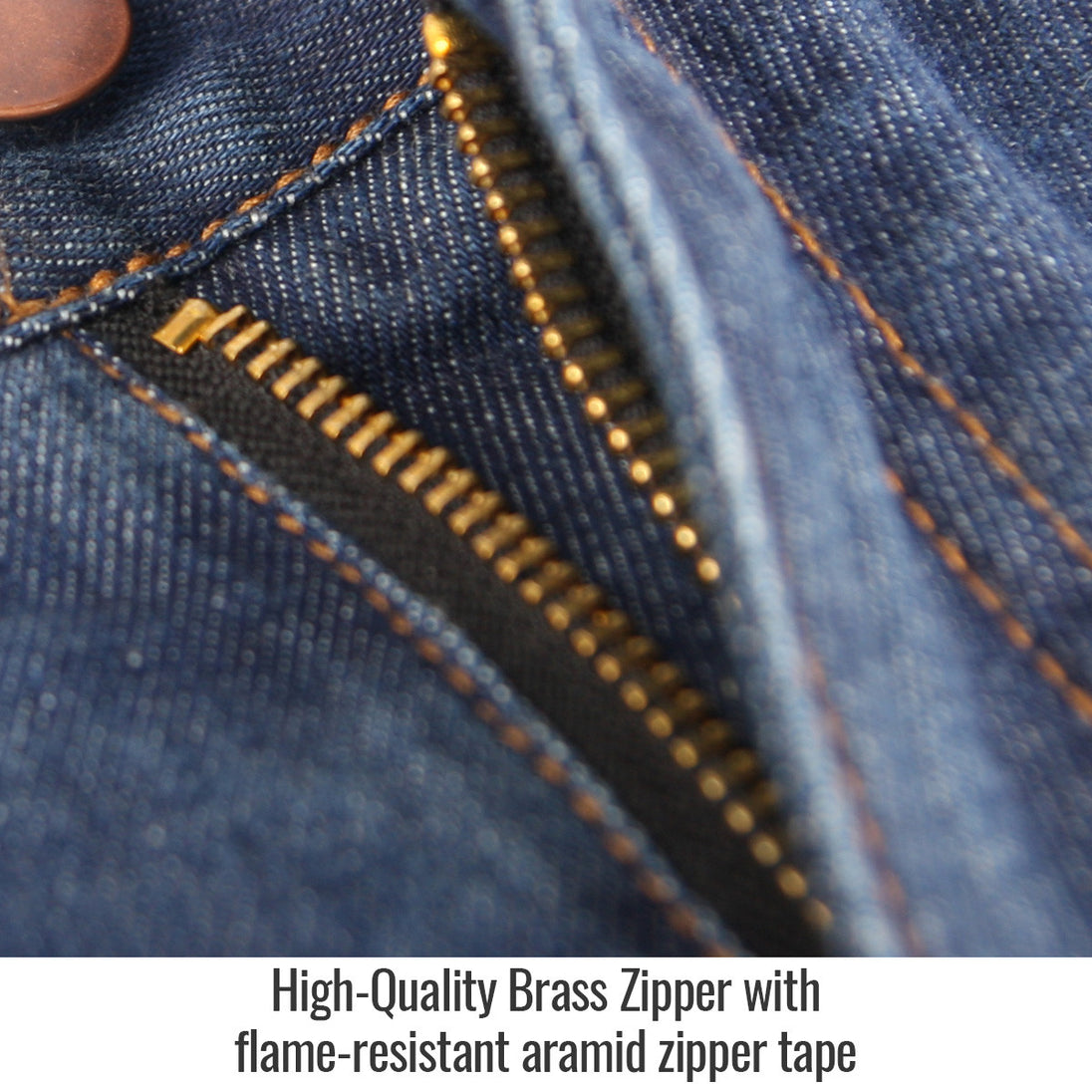 Brass Zipper with flame-resistant aramid zipper tape — Black Stallion FD10-34P work pants