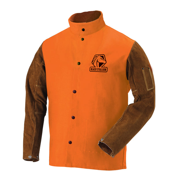 Black Stallion FO9-30C-BS 9 oz FR Hybrid Jacket With Brown Split Cowhide Sleeves, Orange