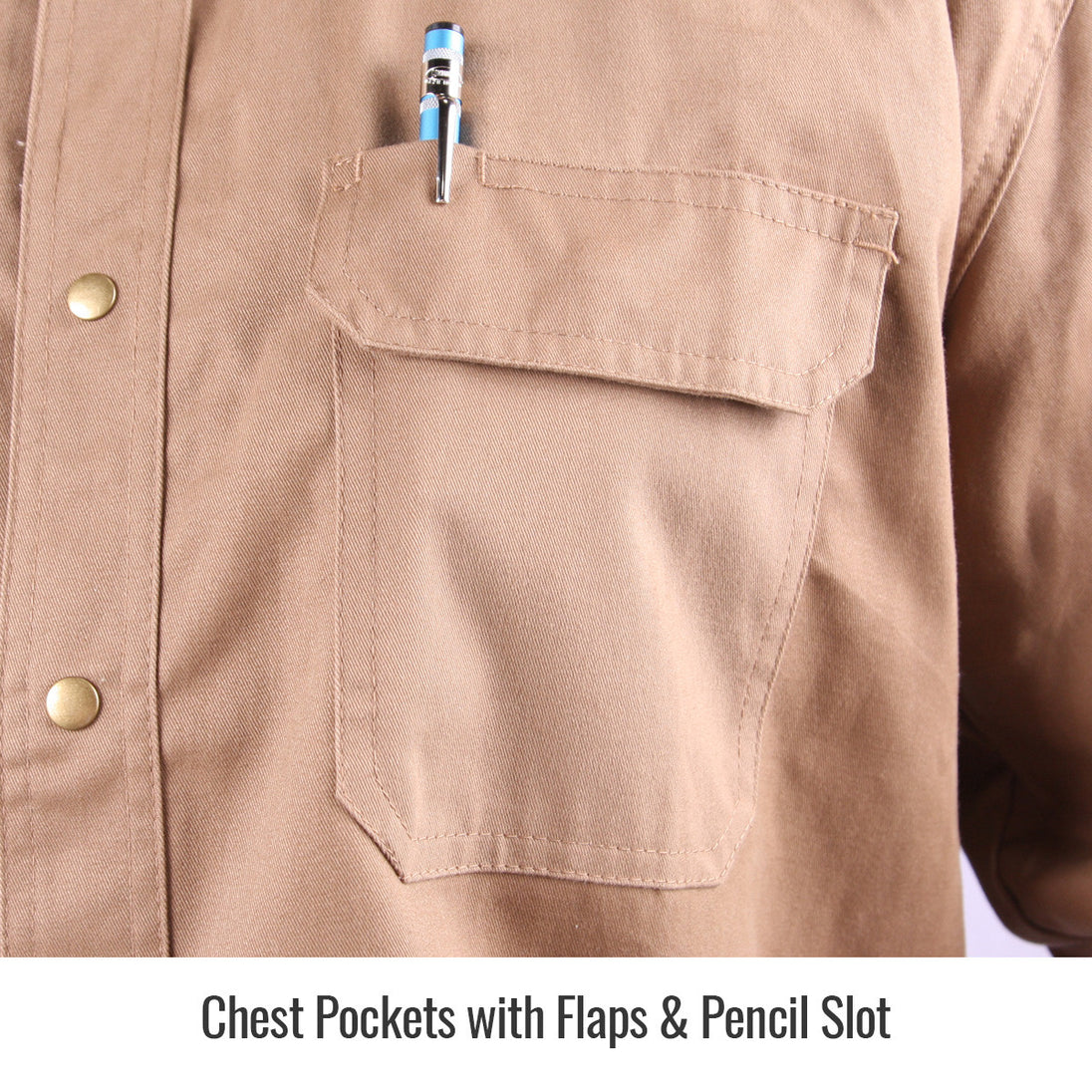 Chest Pockets with Flaps & Pencil Slot — Black Stallion FS7-KHK work shirt