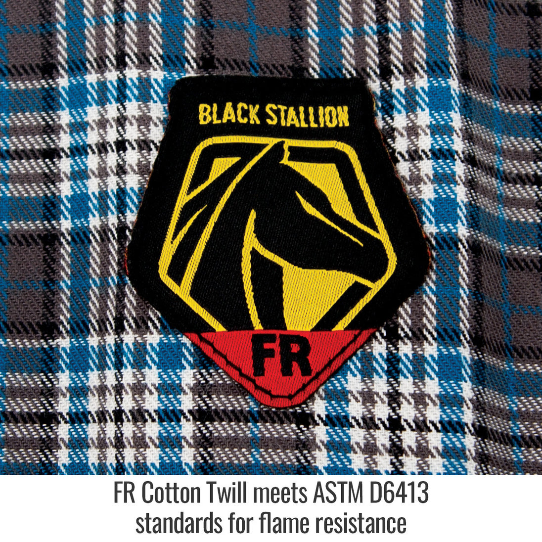 FR Cotton Twill meets ASTM D6413 standards for flame resistance — Black Stallion FS9-PGY work shirt