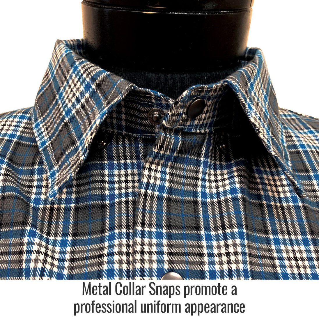 Metal collar snaps promote a professional uniform appearance — Black Stallion FS9-PGY work shirt