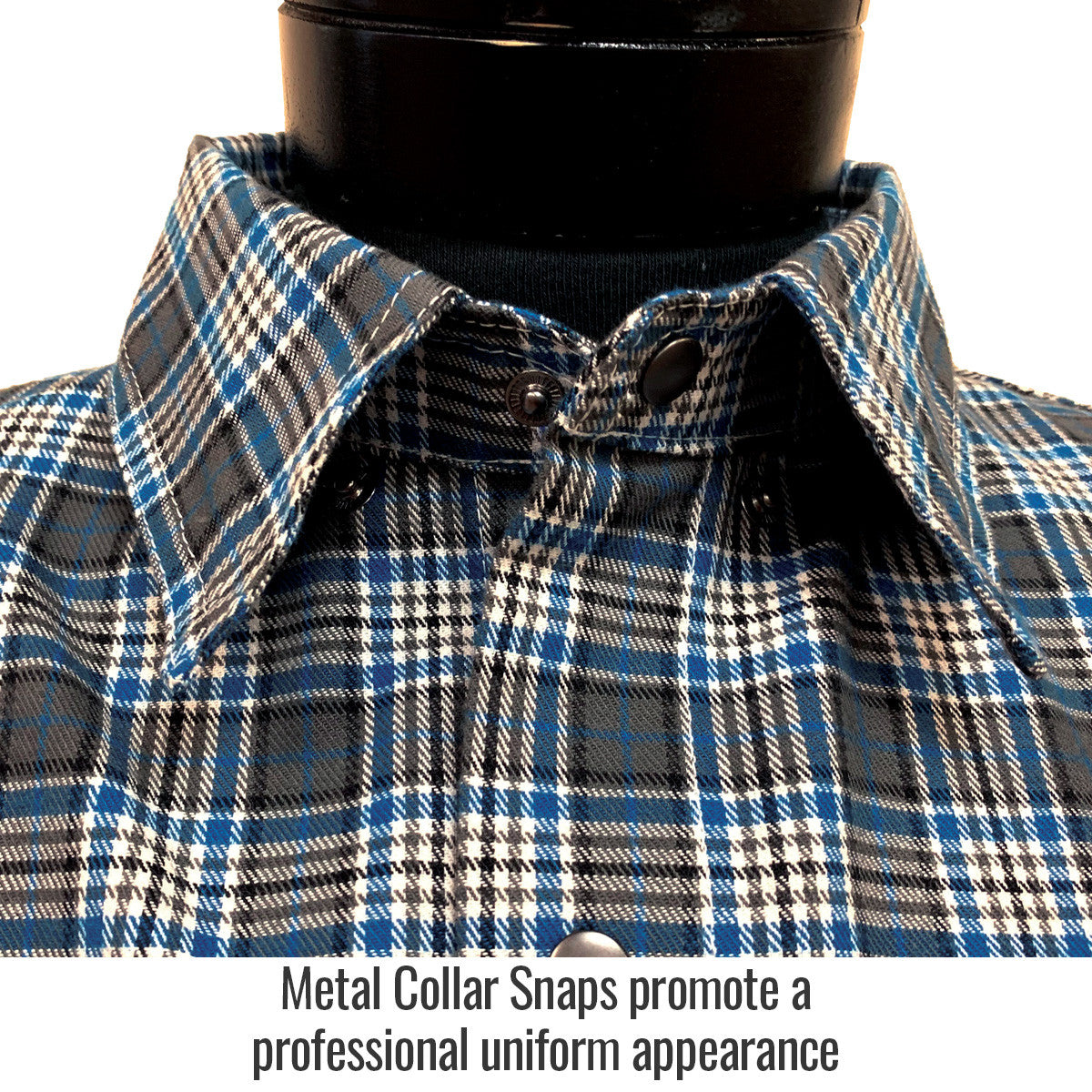 Metal collar snaps promote a professional uniform appearance — Black Stallion FS9-PGY work shirt