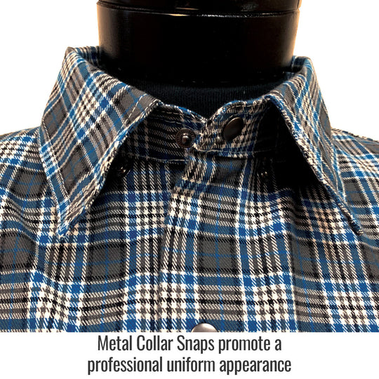 Metal collar snaps promote a professional uniform appearance — Black Stallion FS9-PGY work shirt