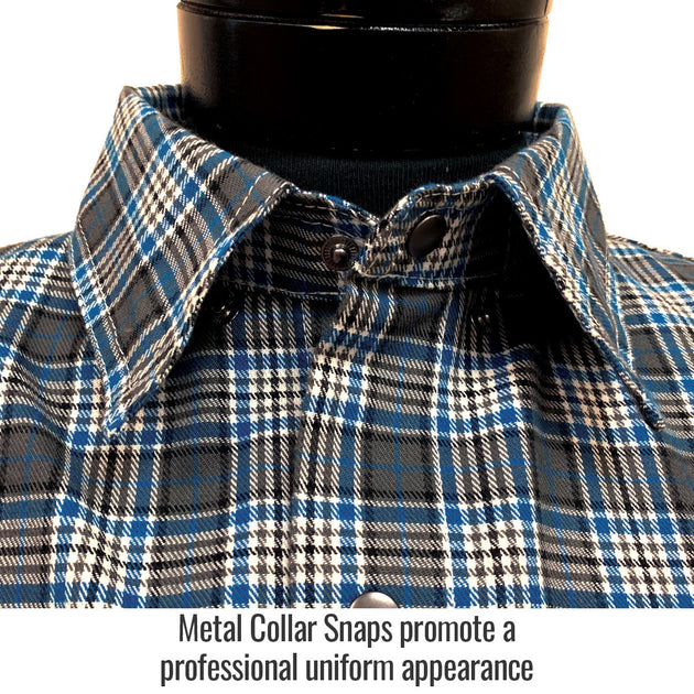 Metal collar snaps promote a professional uniform appearance — Black Stallion FS9-PGY work shirt