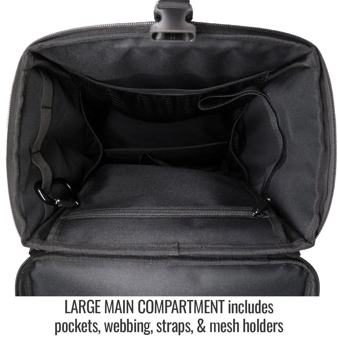 Large Main Compartment includes pockets, webbing, straps, & mesh holders — Black Stallion GB300 accessory