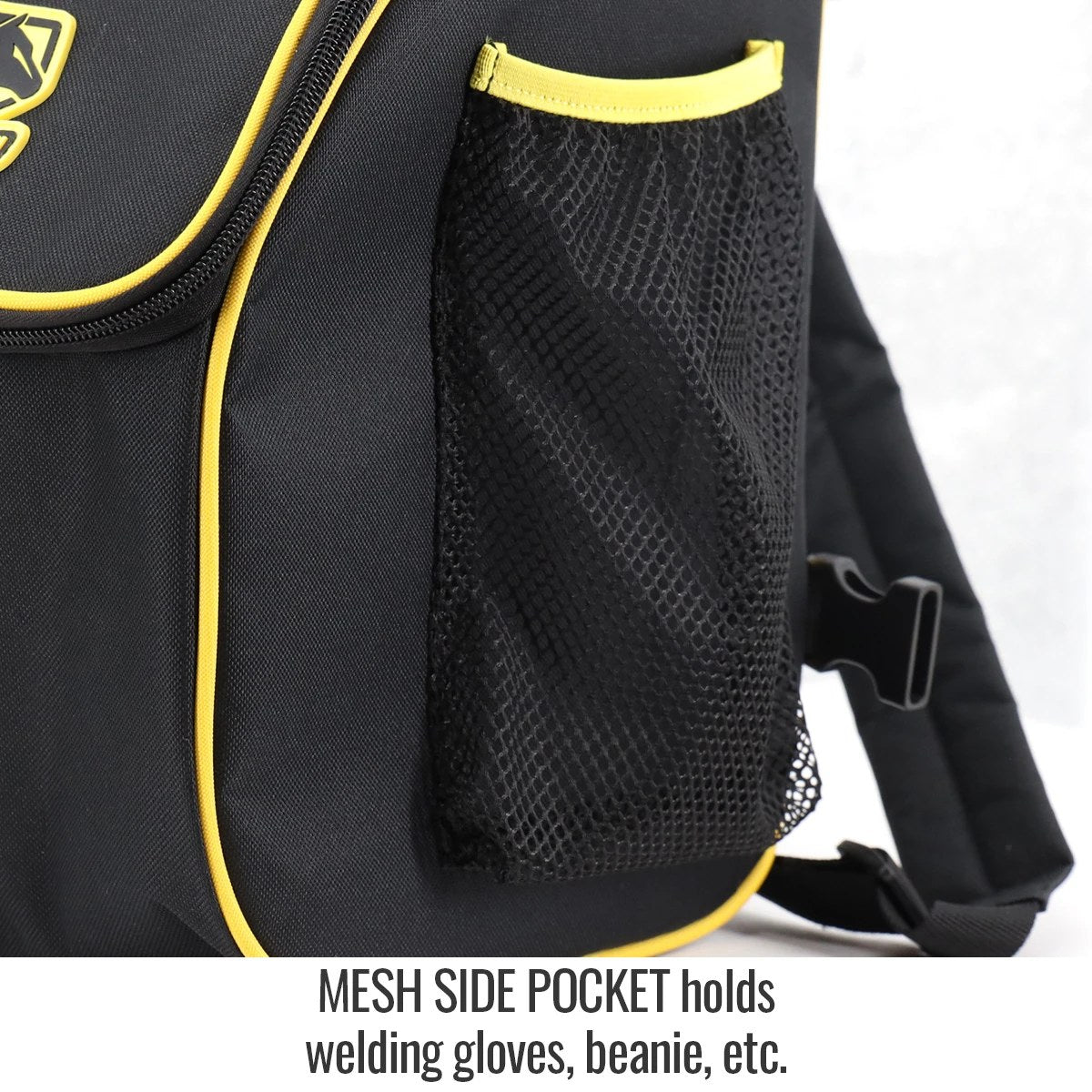 Mesh Side Pocket holds welding gloves, beanie, etc — Black Stallion GB350 utility bag