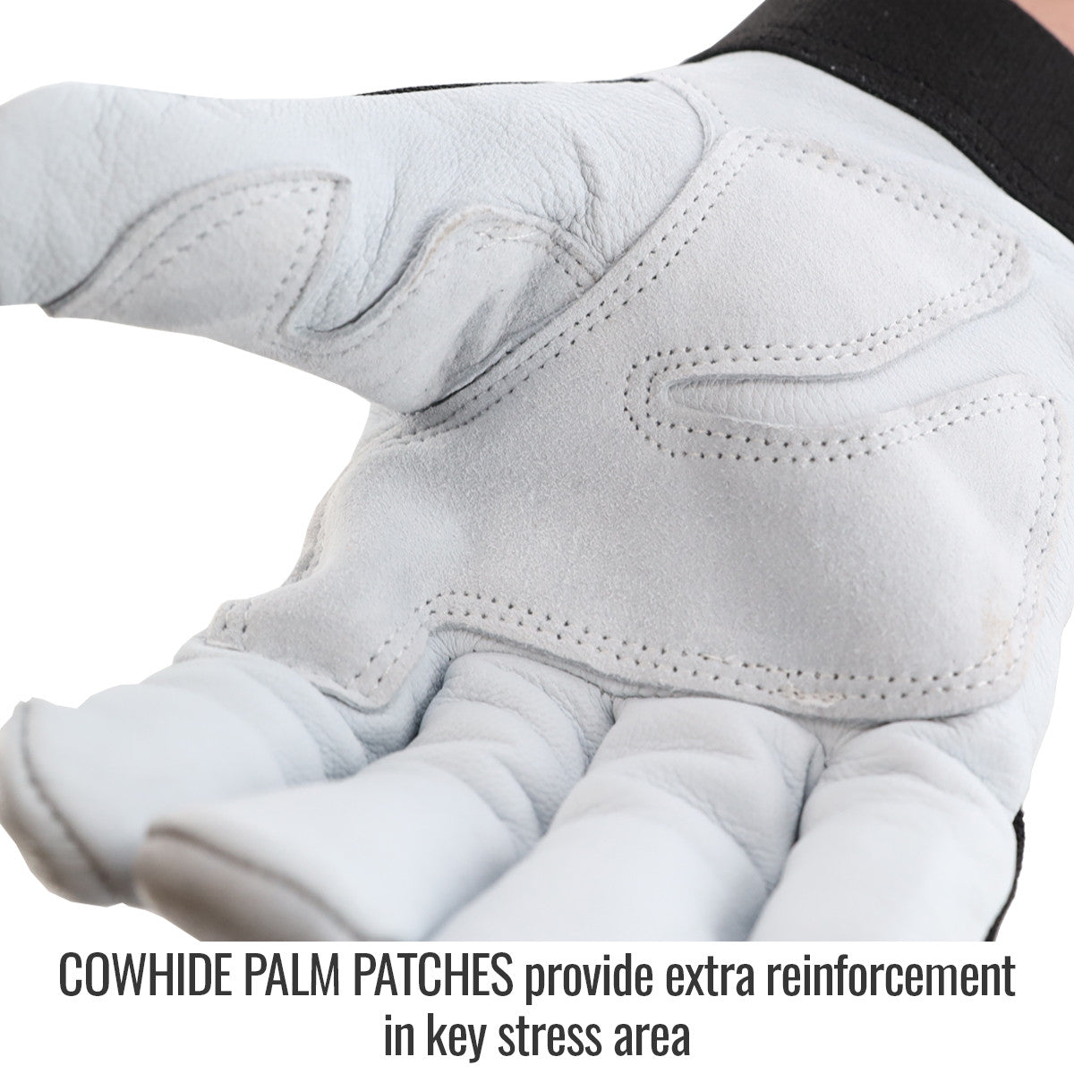 Cowhide Palm Patches provide extra reinforcement in key stress area — Black Stallion GX3025-BW ergonomic gloves