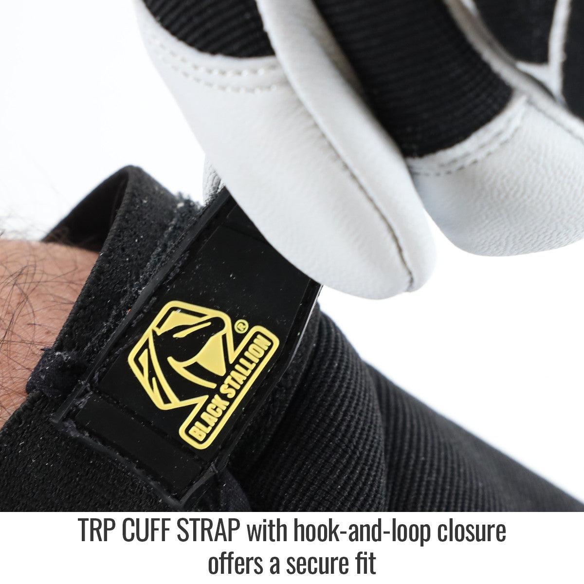 TRP Cuff Strap with hook-and-loop closure offers a secure fit — Black Stallion GX3025-BW ergonomic gloves
