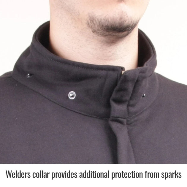 Welders collar provides additional protection from sparks — Black Stallion JF1331-BK FR garment