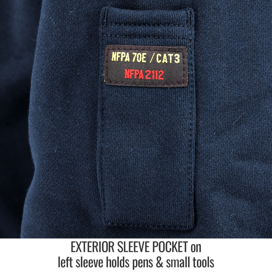 Exterior Sleeve Pocket on left sleeve holds pens & small tools — Black Stallion JF1331-NV FR garment