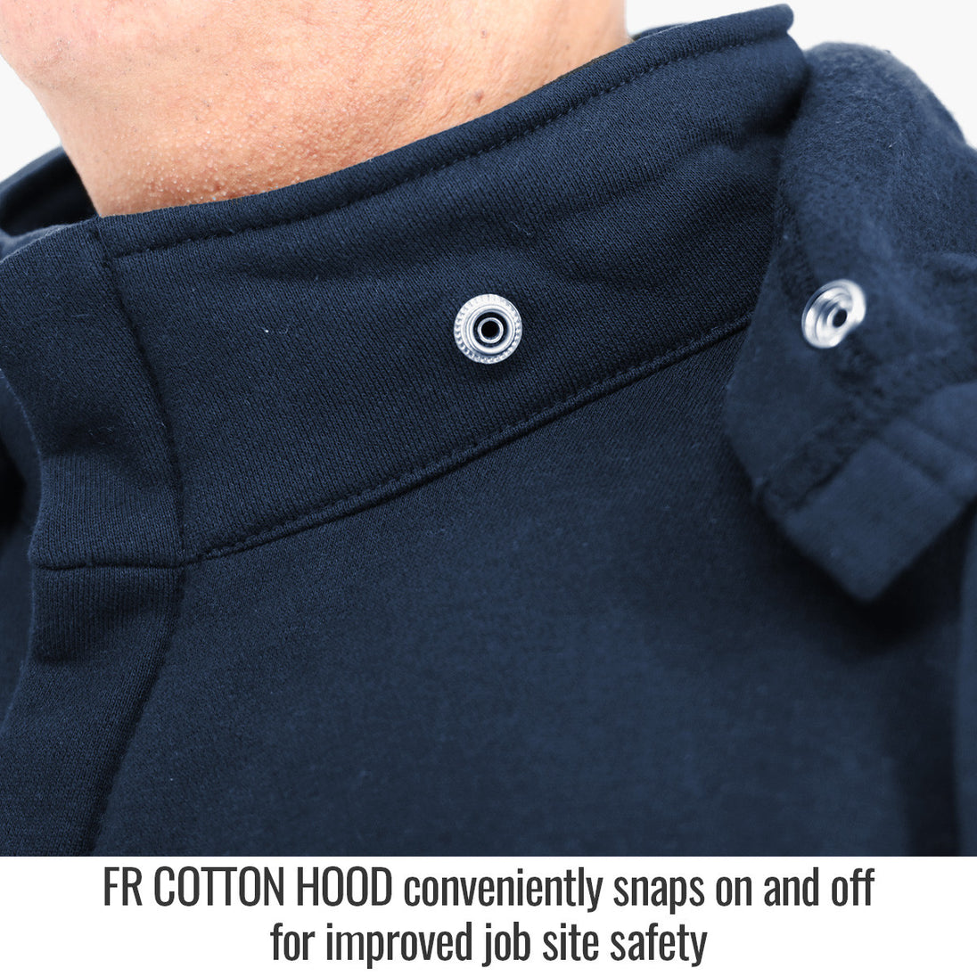 FR Cotton Hood conveniently snaps on and off for improved job site safety — Black Stallion JF1331-NV FR garment
