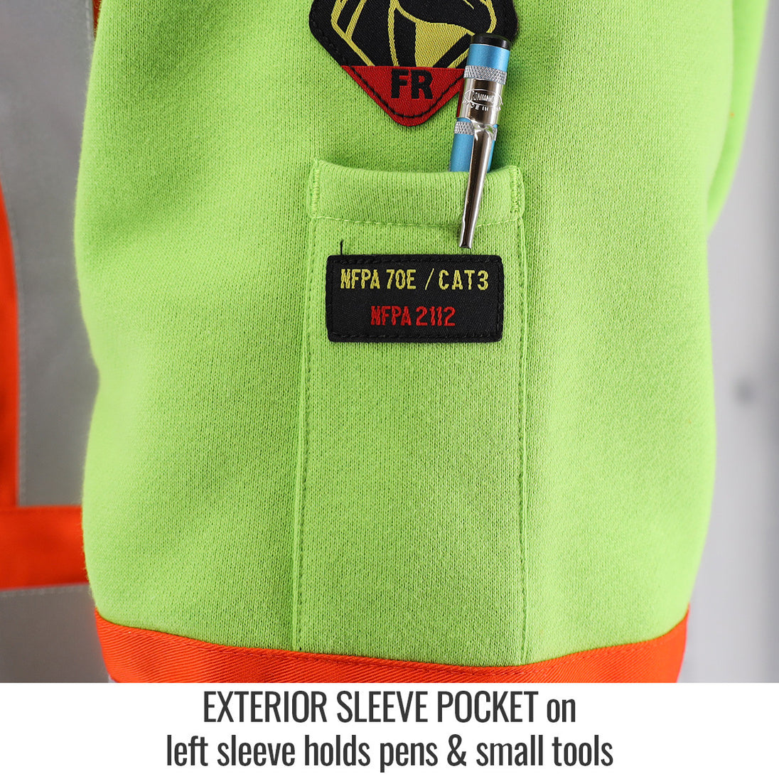 Exterior Sleeve Pocket on left sleeve holds pens & small tools — Black Stallion JF1332-LM FR garment