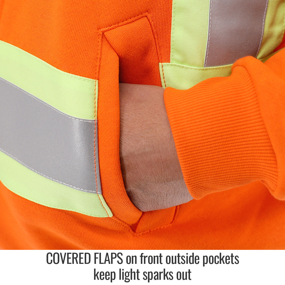 Covered Flaps on front outside pockets keep light sparks out — Black Stallion JF1332-OR FR garment