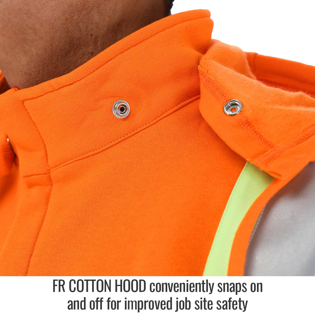 FR Cotton Hood conveniently snaps on pia and off for improved job site safety — Black Stallion JF1332-OR FR garment