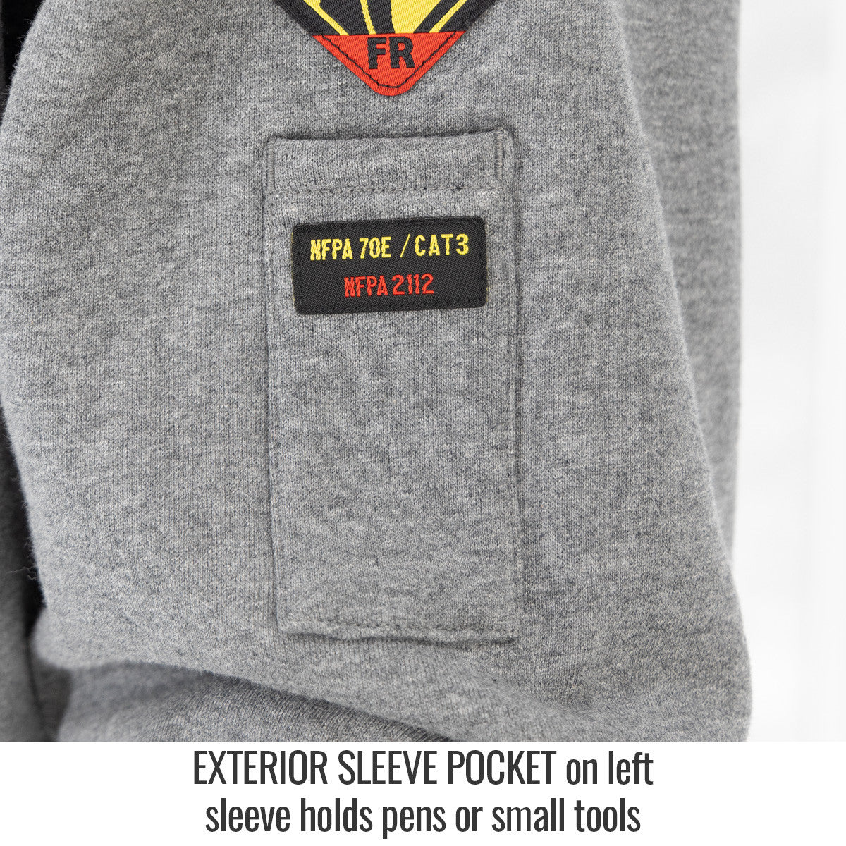 Exterior Sleeve Pocket on left sleeve holds pens or small tools — Black Stallion JF1340-GY FR garment