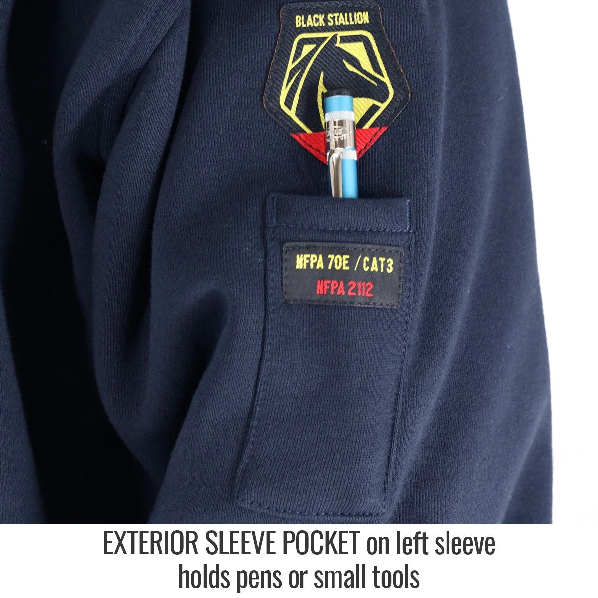 Exterior Sleeve Pocket on left sleeve holds pens or small tools — Black Stallion JF1340-NV FR garment