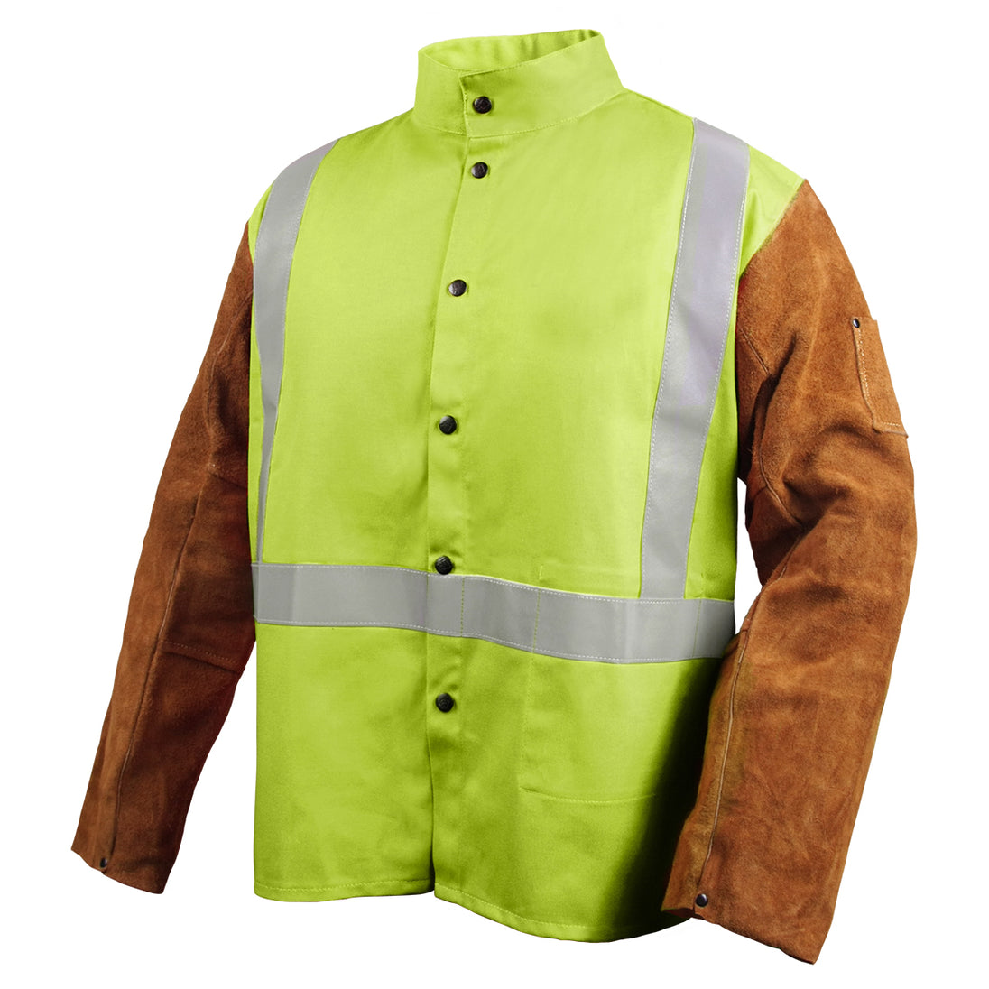Black Stallion JH1012-LM 9 oz FR Hybrid Reflectives Jacket With Brown Split Cowhide Sleeves, Lime Green