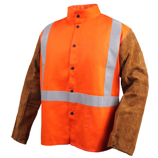 Black Stallion JH1012-OR Safety FR Cotton & Cowhide Hybrid Welding Jacket, Safety Orange