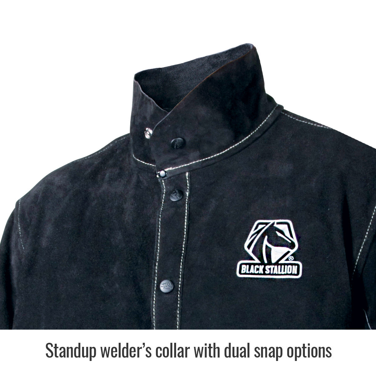) Standup welder’s collar with dual snap options — Black Stallion JL1030-BB welding jacket