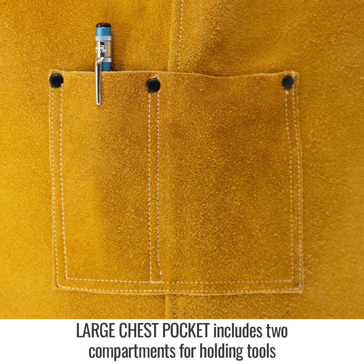 Large Chest Pocket includes two compartments for holding tools — Black Stallion JL1536-TN welding bib