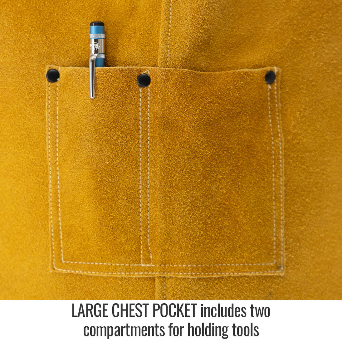 Large Chest Pocket includes two compartments for holding tools — Black Stallion JL1542-TN welding bib