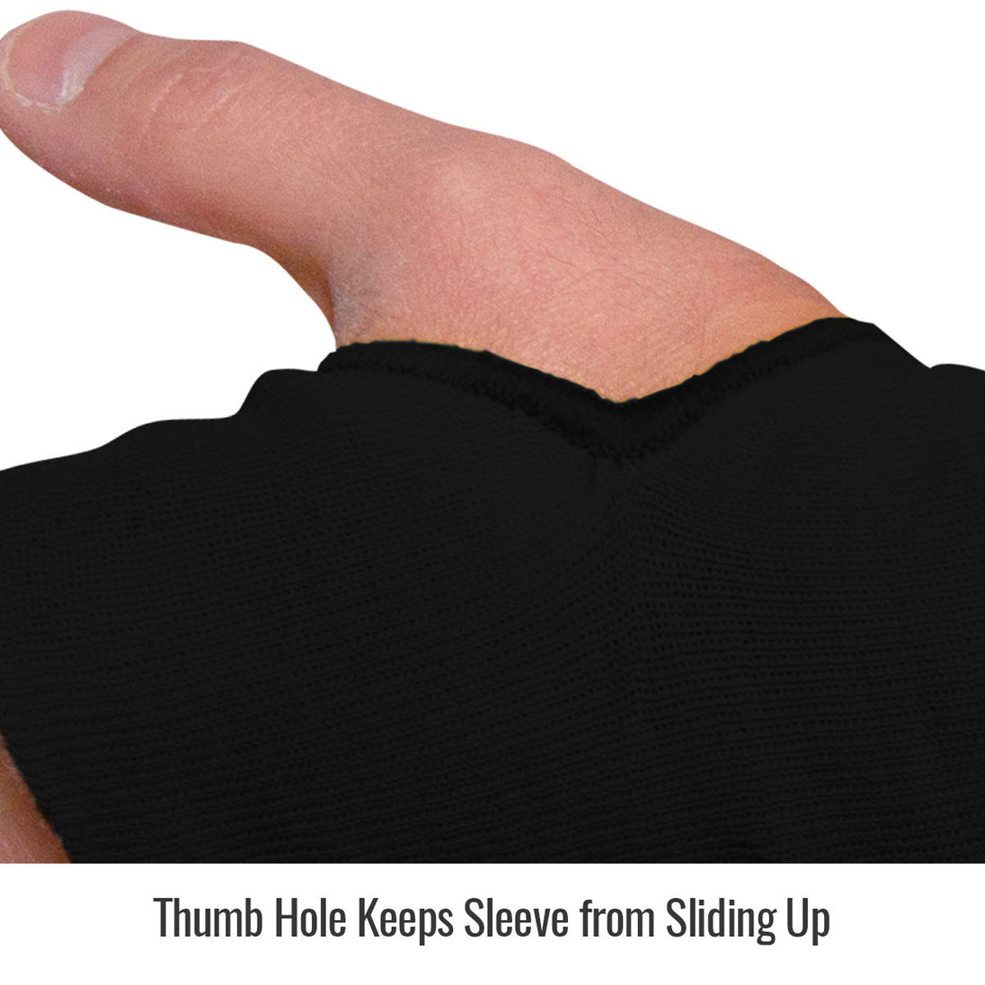 Thumb Hole Keeps Sleeve from Sliding Up — Black Stallion KS-18T-BK knit sleeve