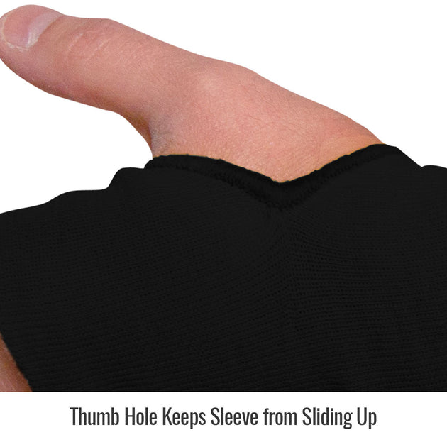 Thumb Hole Keeps Sleeve from Sliding Up — Black Stallion KS-18T-BK knit sleeve