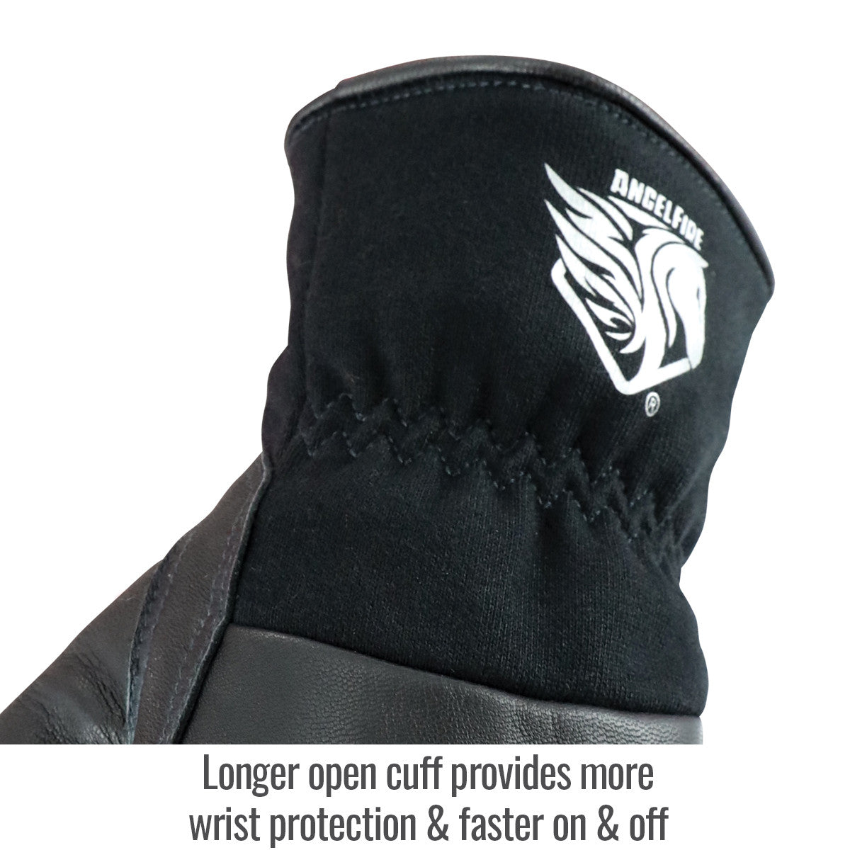 Longer open cuff provides more wrist protection & faster on & off — Black Stallion LT50 welding gloves