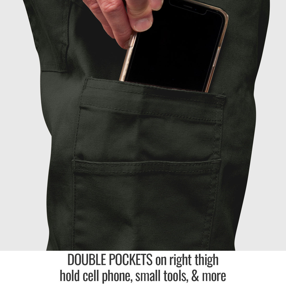 Double Pockets on right thigh hold cell phone, small tools, & more — Black Stallion PF5530-CG utility pant