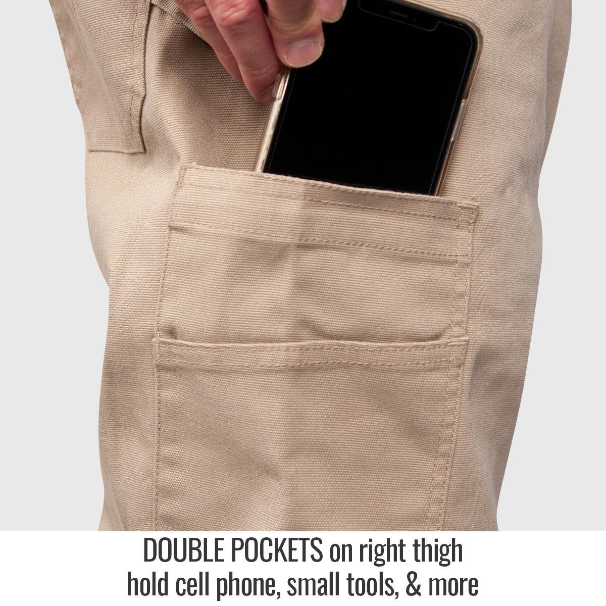 Double Pockets on right thigh hold cell phone, small tools, & more — Black Stallion PF5534-KH utility pant