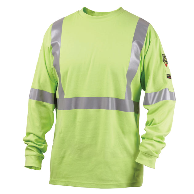 Black Stallion TF2511-LM 7 oz FR Cotton Long Sleeve t, Shirt With Reflective (NFPA 2112 / 70E), Lime Green