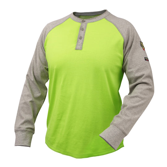 Black Stallion TF2520-GL 7 oz FR Cotton Henley Style t, Shirt (NFPA 2112 / 70E), Gray/Lime