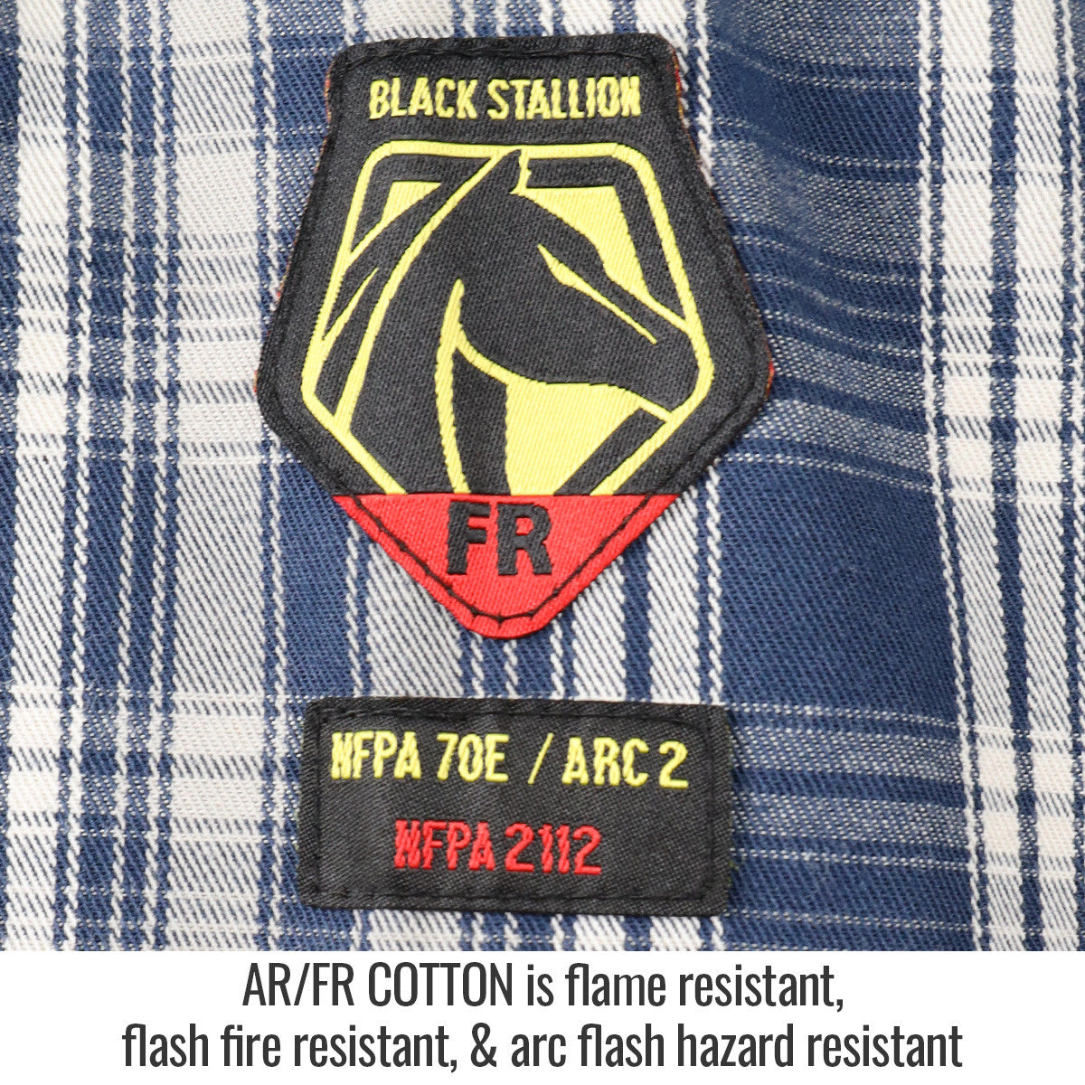 Ar/fr Cotton is flame resistant, flash fire resistant, & arc flash hazard resistant — Black Stallion WF2110-PB work shirt