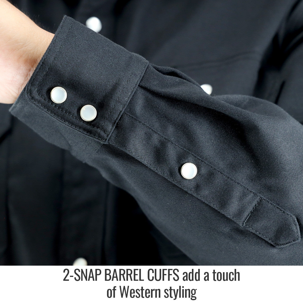 2-snap Barrel Cuffs add a touch of Western styling — Black Stallion WF3530-BK work shirt