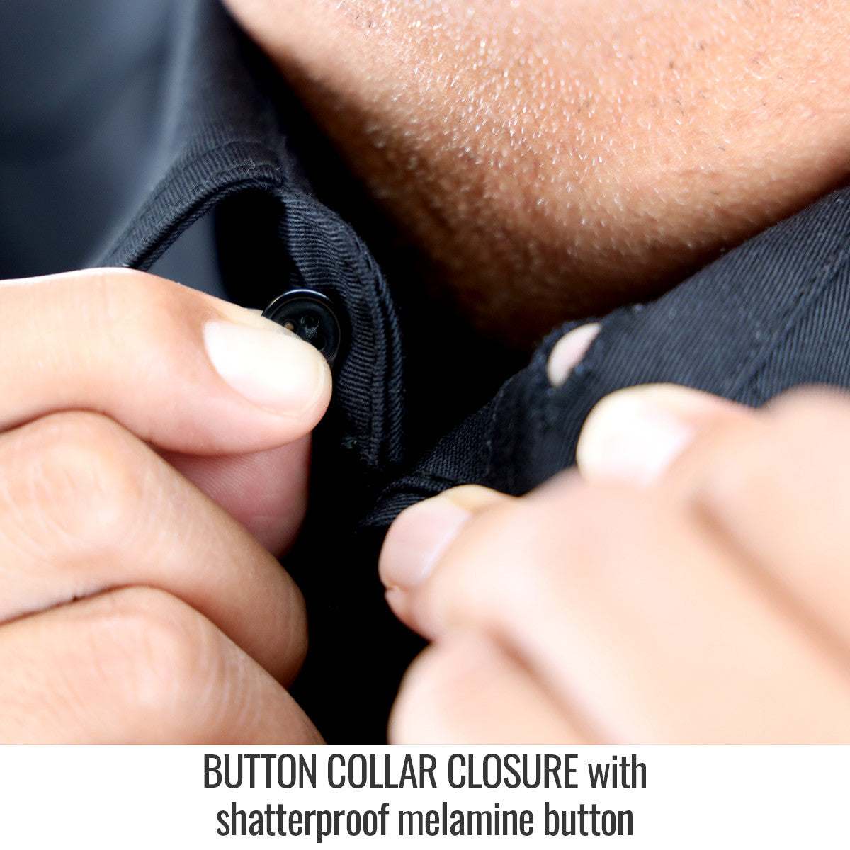 Collar Closure with shatterproof melamine button — Black Stallion WF3530-BK work shirt