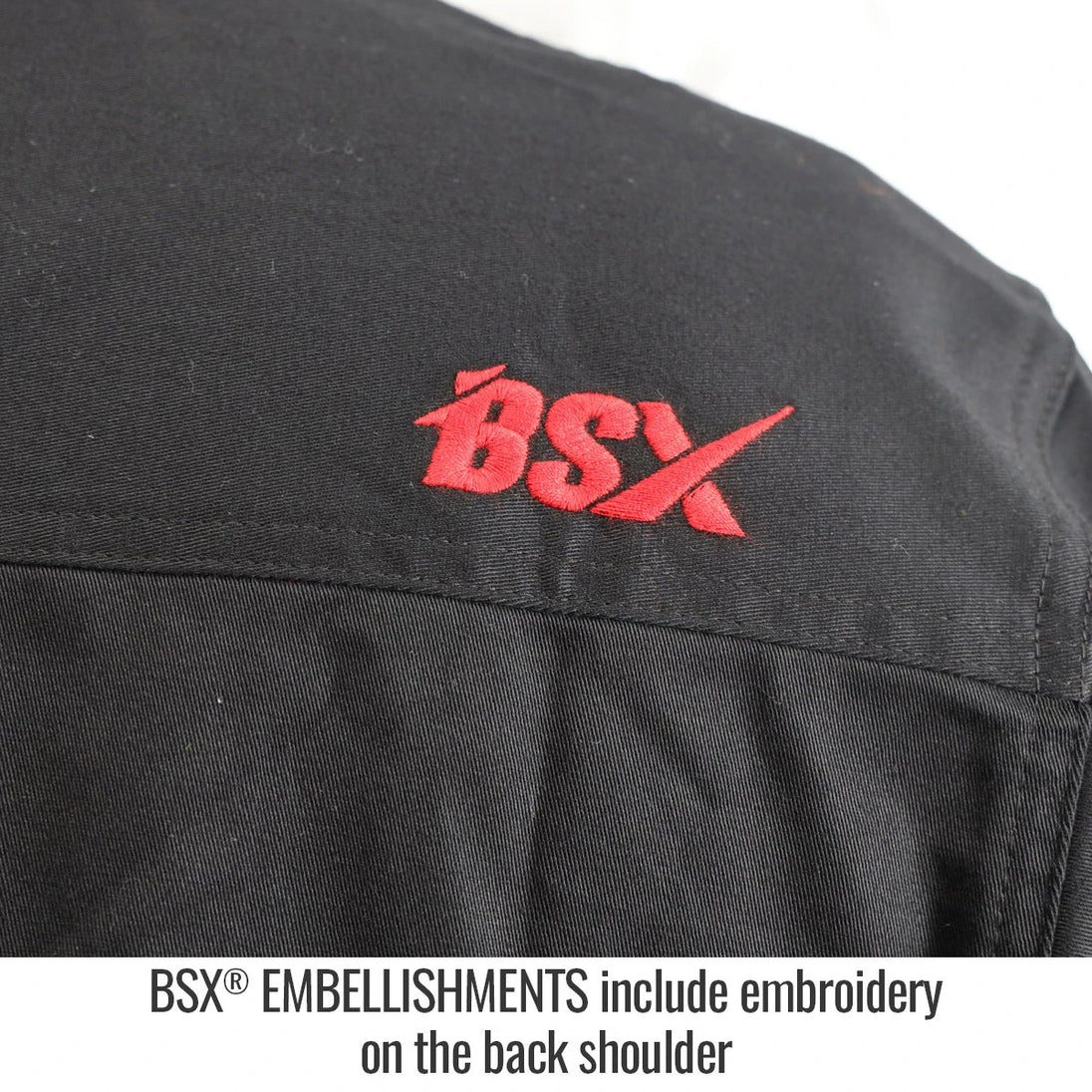 Embellishments include embroidery on the back shoulder — Black Stallion WF3530-BK work shirt